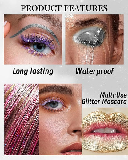 Sliver Mascara and Eyeliner Set,5D Silk Fiber Lash Extension Colored Tube Mascara Volume and Length,Waterproof Glitter Eyeliner Liquid,Long Lasting Smudge-Proof Eye Makeup Kit-Pink