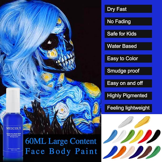 MEICOLY Cream Royal Blue Face Body Paint,2.1Oz Smudge-Proof Navy Blue Face Paint,Water Based Washable Full Body Paint for Adults and Kids,Dark Blue Halloween SFX Avatar Smurf Mystique Special Effects