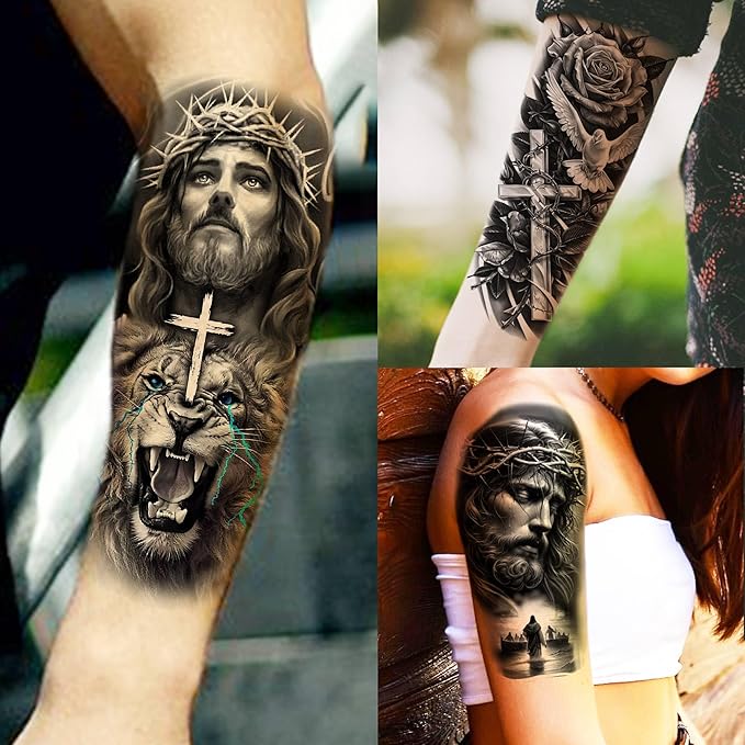 74 Sheets Jesus Christ Temporary Tattoos For Women Men, 12 Sheets Half Arm Large Religious God Christian Lion Cross Fake Tattoos Adults, 62 Sheets Realistic Angels Virgin Mary Tattoos Stickers Faith
