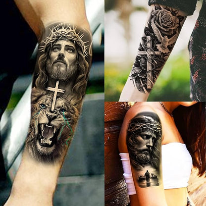 74 Sheets Jesus Christ Temporary Tattoos For Women Men, 12 Sheets Half Arm Large Religious God Christian Lion Cross Fake Tattoos Adults, 62 Sheets Realistic Angels Virgin Mary Tattoos Stickers Faith