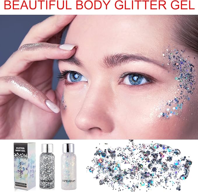 AWCCXMYM Body Glitter Gel Face Glitter for Body,Face,Eye,Hair Glitter Makeup Liquid Long Lasting Sparkling Mermaid Scales for Festival Art Party Halloween for Woman Kids(Silver)