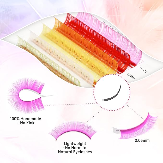 Beauty7 Colored Lash Extensions Rainbow Classic D+ Curl 0.05mm Thickness 13mm Dramatic Eyelashes Ombre 12 Colors