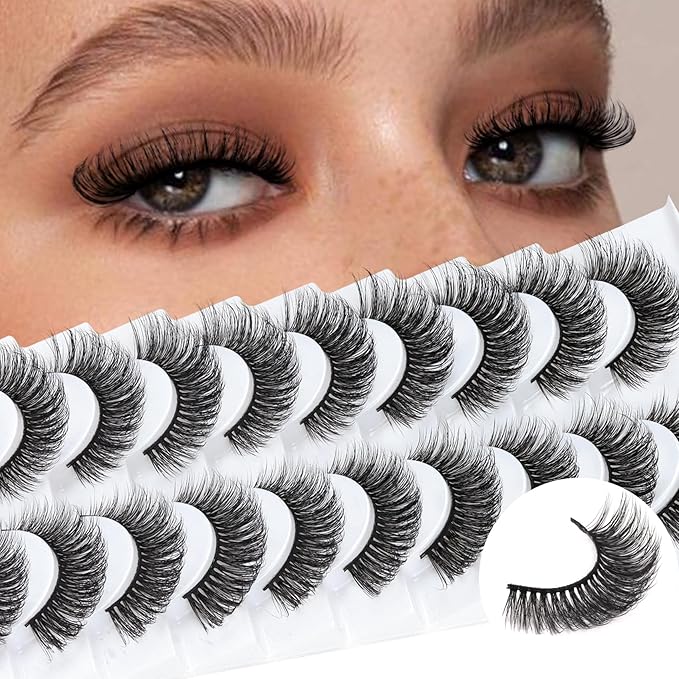 Ahrikiss Russian Strip Lashes Fluffy Wispy Faux Mink Lashes D Curl False Eyelashes Fluffy Wispy 10 Pairs Pack (D01)