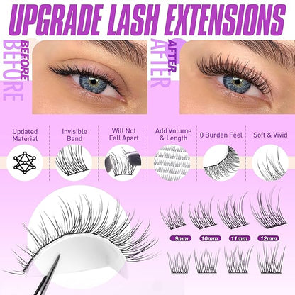 Pawotence Lash Extension Kit Wispy Lash Clusters Kit 9-12mm Natural Individual Lashes Kit 168pcs Cluster Eyelash Extension Kit with Lash Bond and Seal, Lash Applicator for Self Use