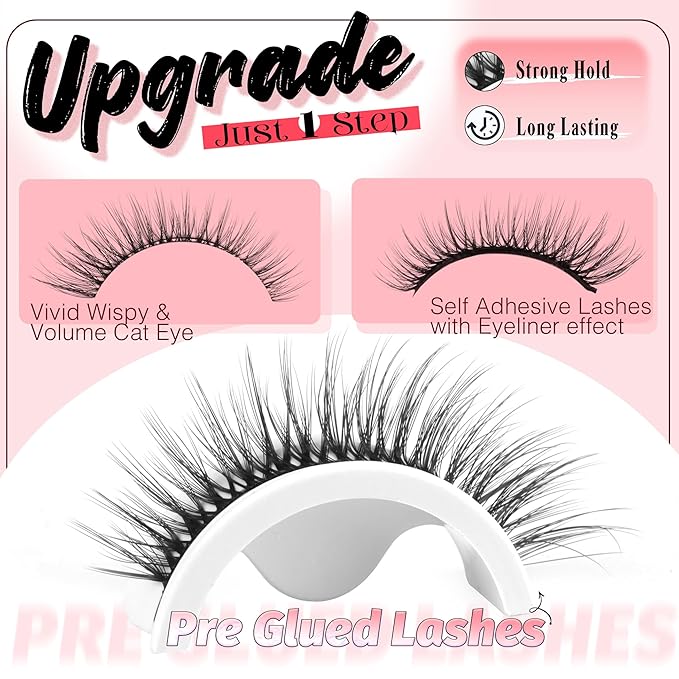 Self Adhesive Eyelashes Natural Look Press On Lashes No Glue Needed Wispy Reusable Self Adhesive Lashes without Eyeliner Clear Band Pre Glued Lashes Cat Eye Lashes Faux Mink Lashes 5 Pairs