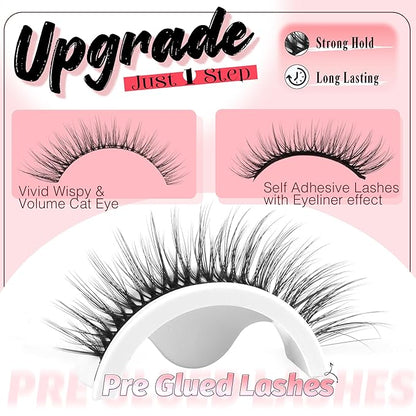 Self Adhesive Eyelashes Natural Look Press On Lashes No Glue Needed Wispy Reusable Self Adhesive Lashes without Eyeliner Clear Band Pre Glued Lashes Cat Eye Lashes Faux Mink Lashes 5 Pairs