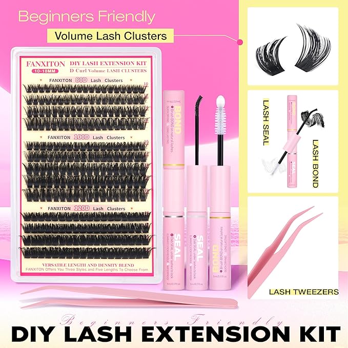 D Lash Clusters Kit Thick Lash Extension Kit Volume Lash Clusters 80D+100D+120D Eyelash Clusters Kit 10-18mm Individual Lashes with Bond and Seal by FANXITON