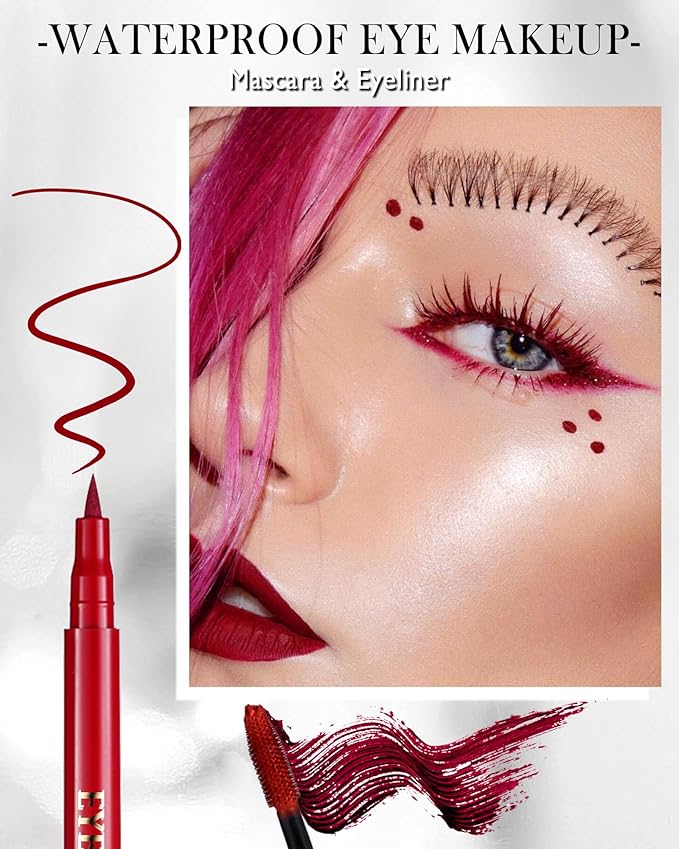 Red Waterproof Mascara & Eyeliner, 5D Silk Fiber Lash Extension Colored Tube Mascara Volume and Length,Long-Lasting Smudge-Proof Volumizing Colorful Máscara and Liquid Eyeliner Pen Set for Women