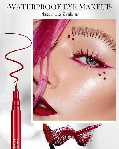 Red Waterproof Mascara & Eyeliner, 5D Silk Fiber Lash Extension Colored Tube Mascara Volume and Length,Long-Lasting Smudge-Proof Volumizing Colorful Máscara and Liquid Eyeliner Pen Set for Women
