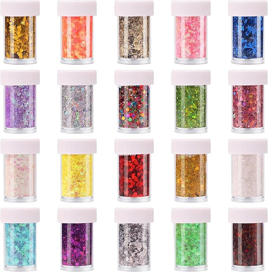 20 Assorted Colors Holographic Chunky and Fine Mixed Glitter,Shake Jar,for DIY Craft Epoxy Resin Tumber Making,Nail Art,Body Glitter,Jewelry Earring Keychain Making
