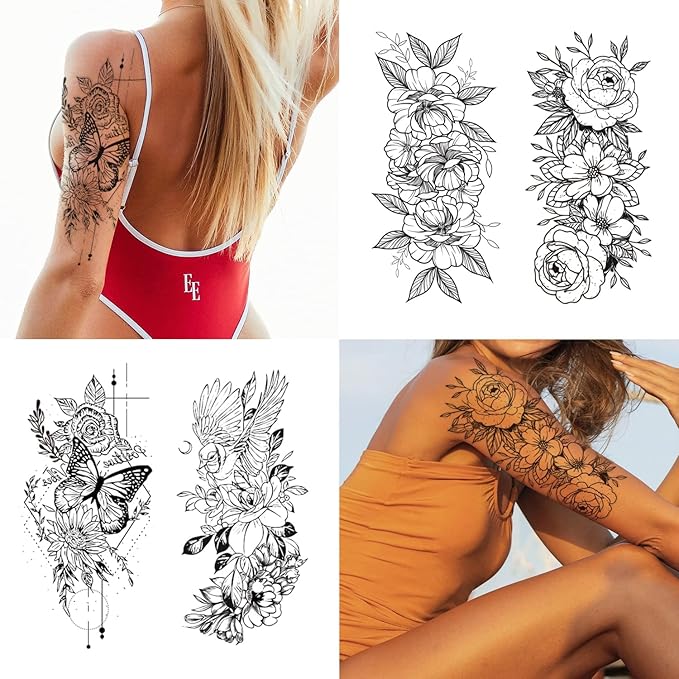 Cerlaza Temporary Tattoos for Women, Large Realistic Body Tattoo Stickers, Fake Semi Permanent Tattoo Include Butterfly Rose, Henna Tattoos for Adults (12 Sheets)