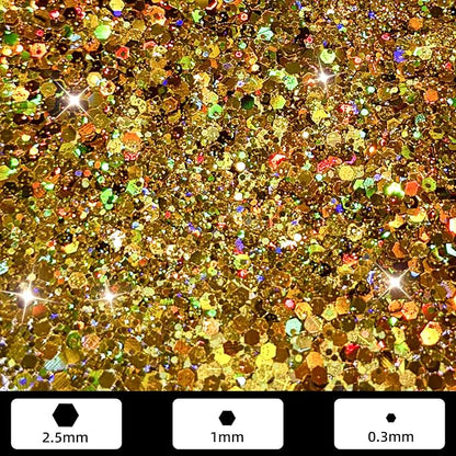 GlimmerLife Chunky Holographic Gold Glitter, 150G/5.29OZ, Iridescent Metallic Craft Glitter for Resin, Nail, Face Makeup, DIY Decorations