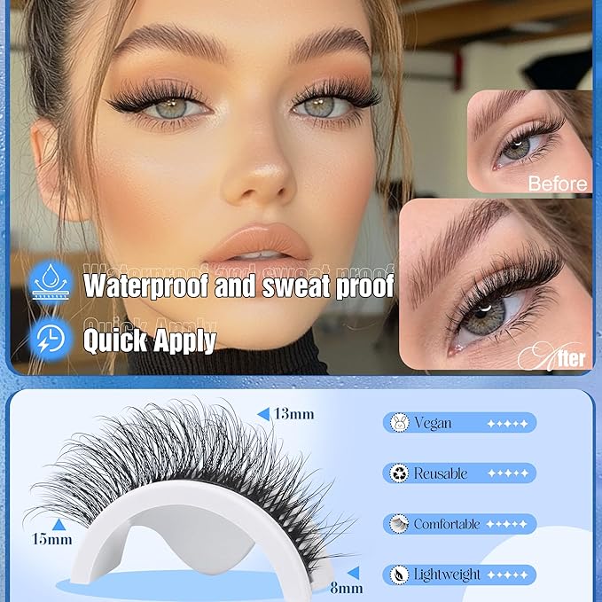 Natural Self Adhesive Eyelashes Pre Glued Lashes Cat Eye Reusable Self Adhesive Lashes No Glue Needed Press On Lashes without Eyeliner D-curly Wispy Strip False Eyelashes Natural Look by YDAGKH