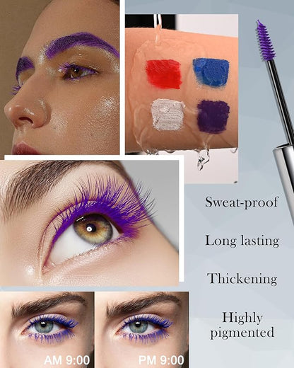 Purple Waterproof Mascara for Eyelashes Eyebrow, Long Lasting Tinted Brow Lash Extension Máscara, Curly Volumizing Eyebrow Mascara, Smudge Proof Non Clump Colored Brow Gel Eye Makeup for Women