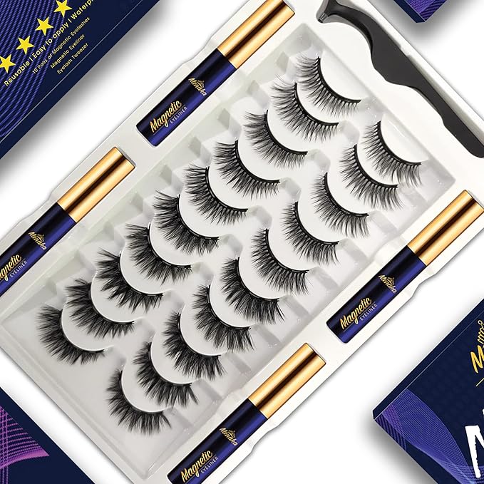 Magnetic Eyelashes with Eyeliner Kit 10 Pairs + Mascara brown Waterproof
