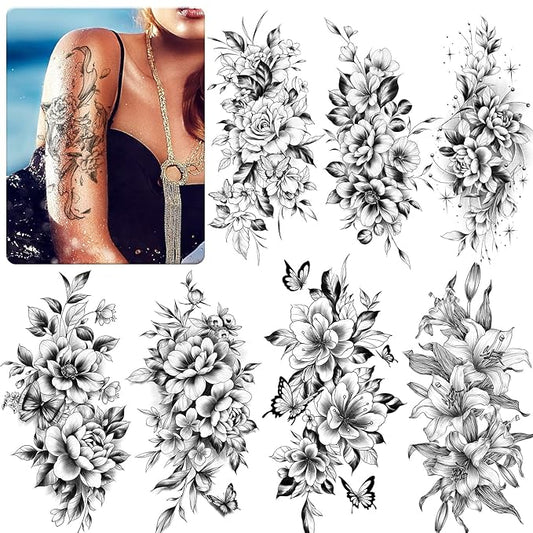 EMOME 12 Sheets Sexy Temporary Tattoos for Women, Half Arm Flowers Fake Tattoos Sleeve, Temp Realistic Tattoo Stickers for Adults Girls Shoulder Arm Leg Back
