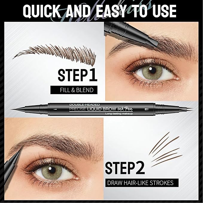 Eyebrow Pencil Brow Pen - 2-Pack 2-IN-1 Dual-Ended Eye Brow Pencils 2-Fork-Tip Microblading Eyebrow Pen for Women Waterproof Eyebrow Pen with Brow Brushes Dark Brown ＆ Black Brown
