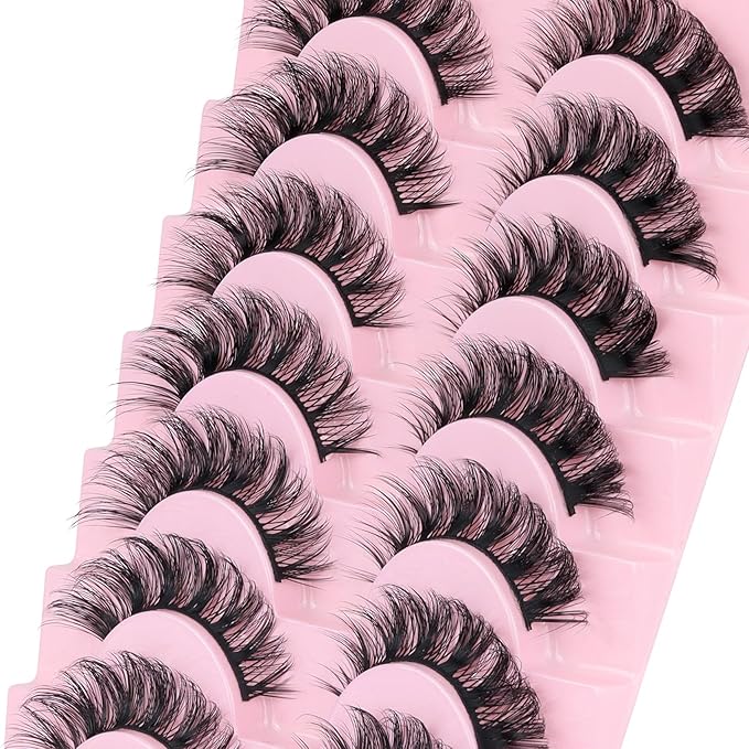 Ahrikiss Russian Strip Lashes D Curl False Eyelashes Fluffy Wispy Faux Mink Lashes 10 Pairs Pack (D07)