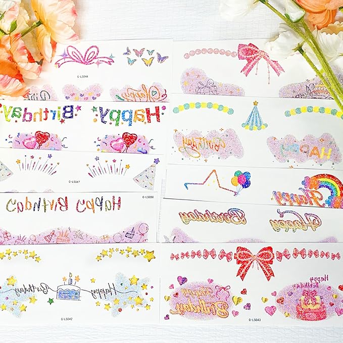 37 PCS Glitter Birthday Party Temporary Face Tattoo For Kids Fake Tattoos Stickers For Birthday Parties Suitable For Boys And Girls Cards Gift Party Decorations Birthday Surprises