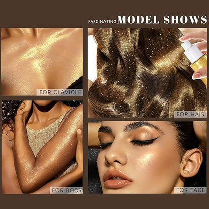 Body Glitter Spray, Moisturizing Bronze Body Shimmer Luminizer Glow Illuminator Quick-Drying and Non-Sticky Liquid Highlighter Spray for Face Hair Glitter, 60ML -Champagne Gold
