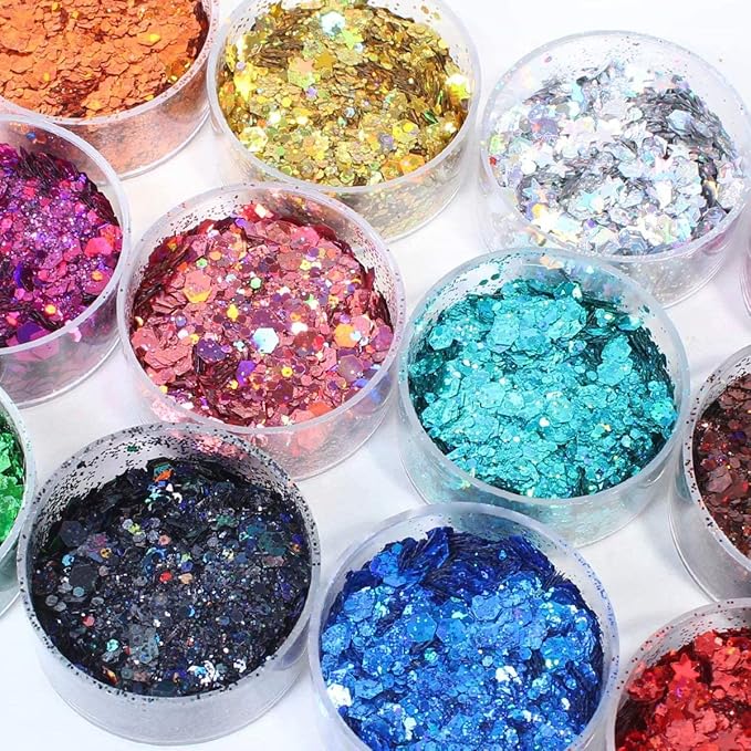 Holographic Chunky Glitter, Set of 12, Licool Craft Glitter for Resin Art Crafts, Cosmetic Glitter for Nail Body Face Eye, Epoxy Resin Sequin Flake Sparkle for Slime Tumbler Jewelry Making