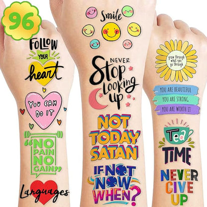 96 PCS Motivational Inspirational Quote Pre-Cut Temporary Tattoos for Kids Birthday Party Decorations Supplies Decor Favors Super Cute Positive Affirmation Tattoo Stickers Gifts For Boys Girls Rewards