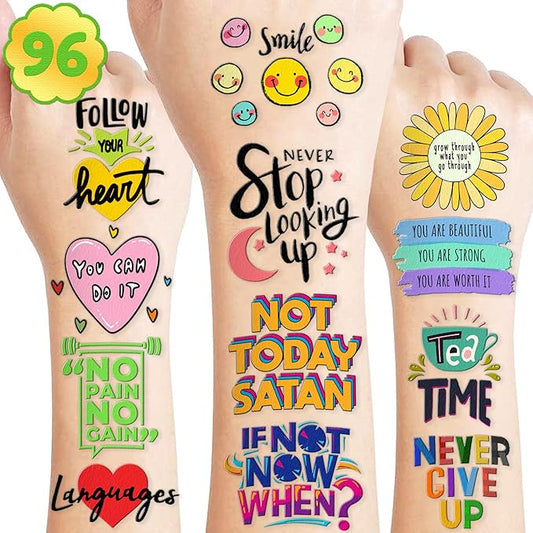 96 PCS Motivational Inspirational Quote Pre-Cut Temporary Tattoos for Kids Birthday Party Decorations Supplies Decor Favors Super Cute Positive Affirmation Tattoo Stickers Gifts For Boys Girls Rewards