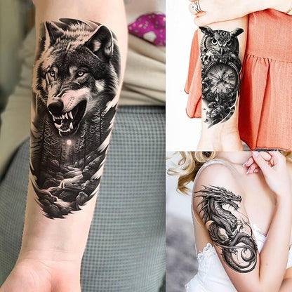 73 Sheets Black Wolf Lion Temporary Tattoos For Men Women, Halloween Half Arm Sleeve Tattoo Stickers Tiger Zeus Jesus Christ Dragon, Temp Gothic Waterproof Fake Tattoos For Adults Owl Skull Skeleton