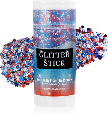 Mysense Red White and Blue Body Glitter Stick,Fourth of July Accessories,4th of July Outfits for Women Kids,Patriotic USA Flag Face Hair Glitter for Independence Day Memorial Day Veterans Day,0.56oz
