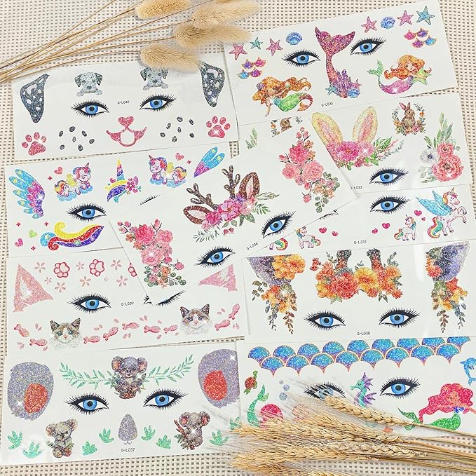 Glitter Face Tattoos For Kids Cat Deer Face Makeup Paint for Kids Boys Girls Party Bag Filler Birthday Party Supplies Favors Unicorn Mermaid Toddler Temporary Tattoo Stickers