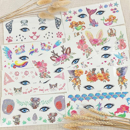 Glitter Face Tattoos For Kids Cat Deer Face Makeup Paint for Kids Boys Girls Party Bag Filler Birthday Party Supplies Favors Unicorn Mermaid Toddler Temporary Tattoo Stickers