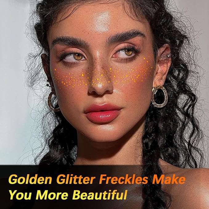 Glitter Freckle Face Tattoos - 6 PCS Gold Temporary Face Freckle Patch | Waterproof & Sweatproof Adhesive Glitter Patches for Festival, Party, Halloween Makeup (Gold Glitter Freckles-B)