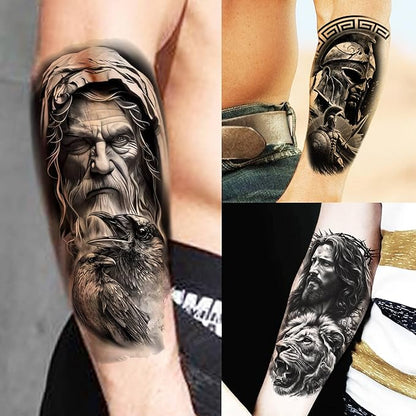68 Sheets Black Tribal Wolf Lion Temporary Tattoos For Men Women, Halloween Skull Half Arm Sleeve Tattoo Stickers Tiger Zeus God Jesus Christ Gladiator, 3D Temp Waterproof Fake Tattoos For Adults Owl
