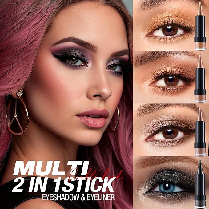 2-in-1 Gradient Eyeliner & Eyeshadow Stick Combo, Shimmer & Matte Cream Eyeshadow Pencil, Waterproof & Smudge-Proof, Long-Lasting Eye Makeup, Metallic & Neutral Shades (#07 Midnight Sapphire)