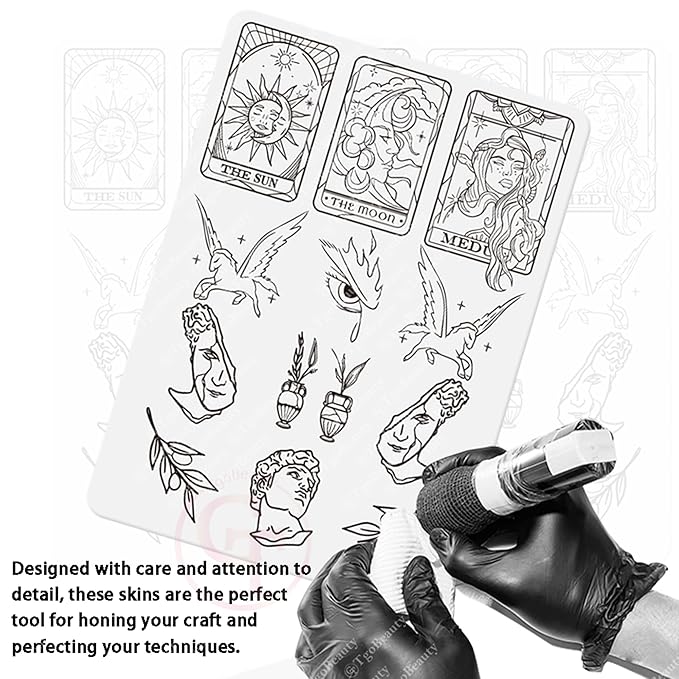 TgoBeauty Men Women Double Sides Designs Tiny Tattoo Practice Skin 1.5mm Thickness Fine Line Practice Skin with Light Gray Lines (3pcs White Tattoo Skins)