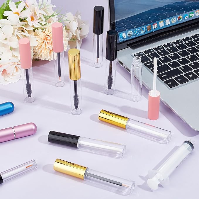 NICENEEDED 9 Pcs 10ml Empty Mascara Tube and Wand with Eyeliner Tube, Eyelash Eyeliner Lip Gloss Tube, Refillable Mascara Container Eyeline Plastic Container Bottle with Rubber Inserts, 3 Colors