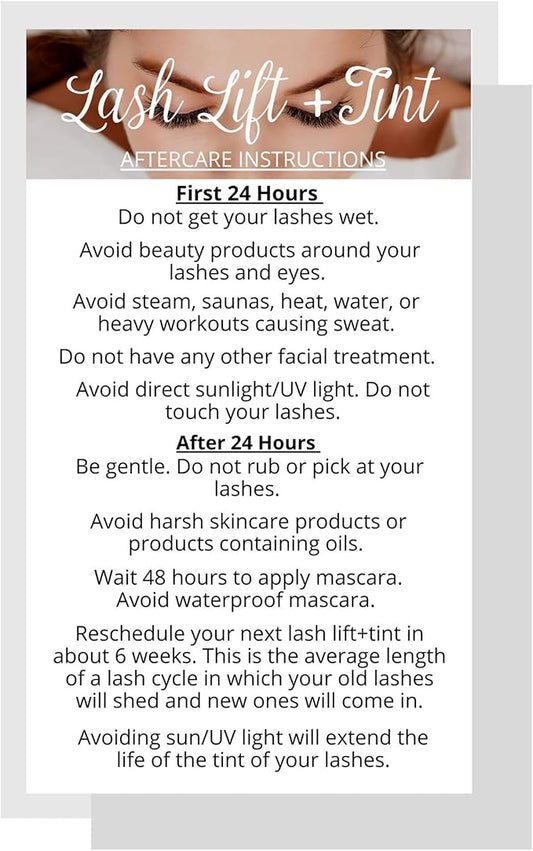 Lash Lift + Tint Aftercare Instruction Cards | 50 Pack | 2 x 3.5” inches Business Card Single Side | Eyelash Lift and Tint Kit at home diy aftercare supplies | White with Lash Photo Design