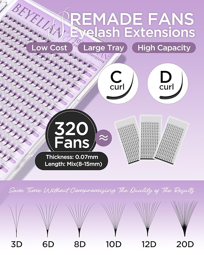 BEYELIAN Premade Lash Fans, 320 Fans Pre Made Fans Volume Lash Extensions 3D 6D 8D 10D 12D 20D 0.07 C/D Curl Save Time Eyelash Extensions for Professional Salon, 8-15mm MIX Easy to Use (10D-0.07-C)