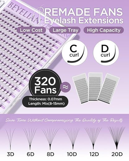 BEYELIAN Premade Lash Fans, 320 Fans Pre Made Fans Volume Lash Extensions 3D 6D 8D 10D 12D 20D 0.07 C/D Curl Save Time Eyelash Extensions for Professional Salon, 8-15mm MIX Easy to Use (10D-0.07-C)