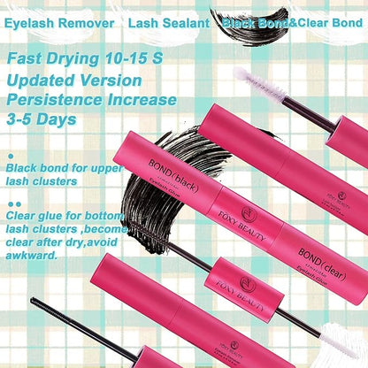Lash Clusters Kit with Bottom Lashes, Lash Extension Kit With 30D40D50D60D Fluffy Upper Wispy Lash Clusters & 2 Type Bottom Lash Clusters,EyeLash Extension Kit with Black Bond & Clear Glue 2 In 1