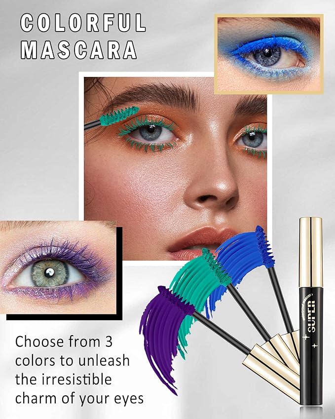 3 Colors Waterproof Mascara Set -Blue Green Purple Colored Mascara for Eyelashes, Long Lasting Curling Tube Máscara Volume and Length, High Pigment Lash Colorful Makeup for Cosplay Party-B