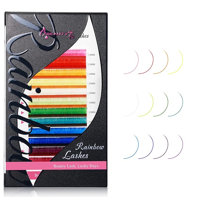 Beauty7 Colored Lash Extensions Rainbow Classic D+ Curl 0.05mm Thickness 13mm Dramatic Eyelashes Ombre 12 Colors