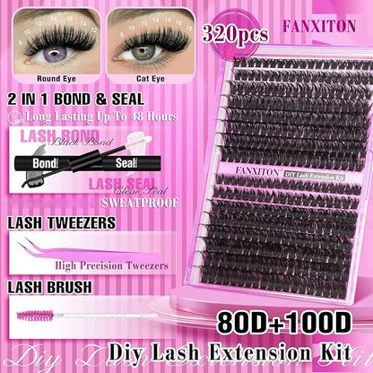DIY Lash Extension Kit Volume Thick Lash Clusters 80D+100D 320 pcs Individual Lashes D Eyelash Extension Kit Lash Bond and Seal and Tweezers for Lash Clusters Kit DIY at Home