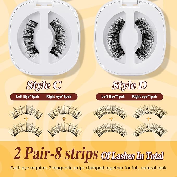 QUEWEL 2 Pairs Magnetic Eyelashes, Reusable No Glue Needed Magnetic Eyelashes Kit with Applicator Lash Clusters Kit without Eyeliner Easy to Wear and Remove (G-YC-C+D01)