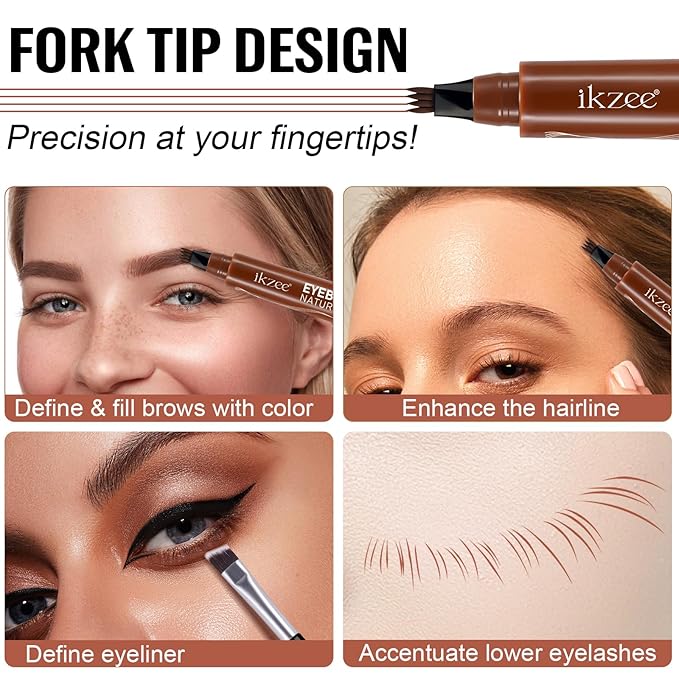3D Microblading Eyebrow Pencil, 2024 New Waterproof Microblading Eyebrow Pencil Contouring Pen with 4 Fork Tip & Spoolie Brush, Precise Brush-Tip Create Natural Hair-Like Brows (#3 Brown)