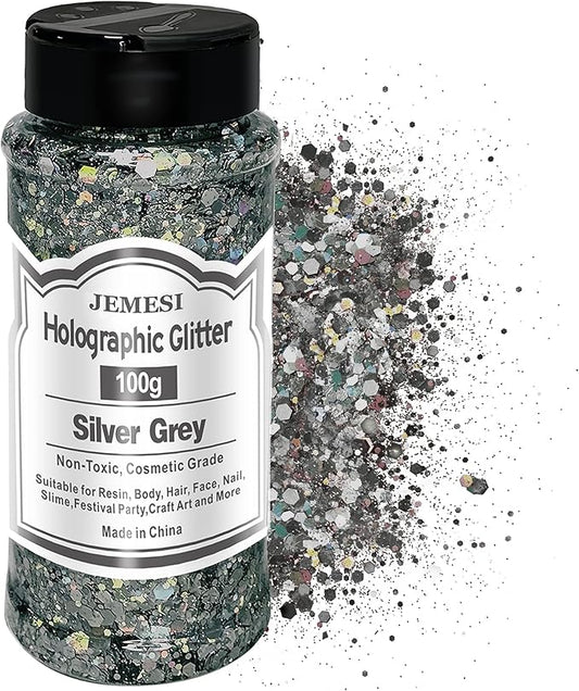 Holographic Chunky Glitter, 100g/0.35oz Silver Grey Cosmetic Craft Glitter for Epoxy Resin, Nail Sequins Iridescent Flakes, Body, Face, Hair, Nail, Glitter Slime Making