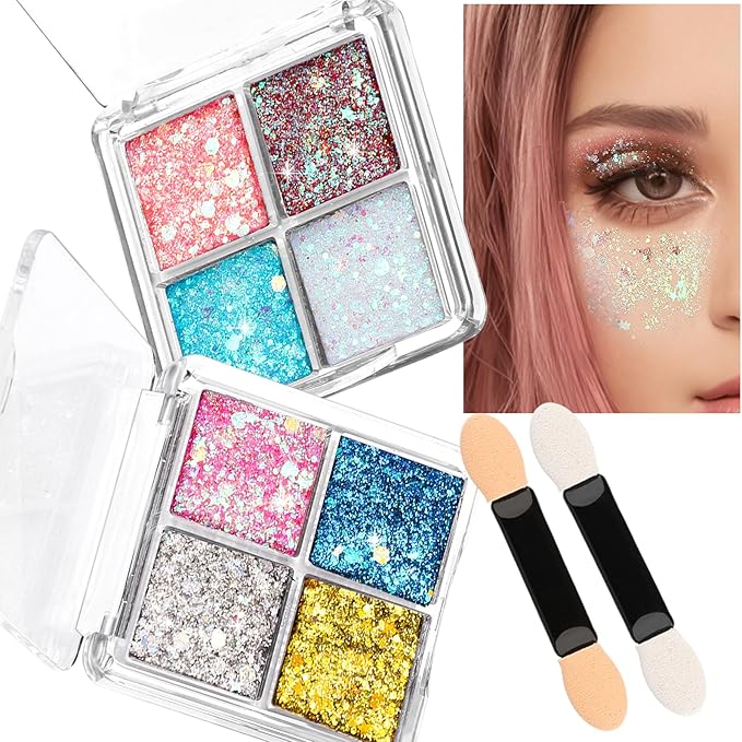 FANDAMEI Face Glitter, Body Glitter for Women, 2 Palette 8 Colors Glitter Gel for Face, Hair Glitter for Kids, Fairy Rave Mermaid Makeup