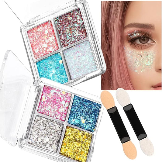 FANDAMEI Face Glitter, Body Glitter for Women, 2 Palette 8 Colors Glitter Gel for Face, Hair Glitter for Kids, Fairy Rave Mermaid Makeup