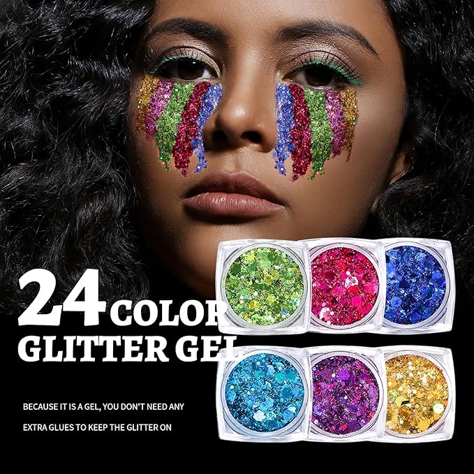 Teenitor 24 Colors Body & Hair Glitter Gel - Face, Body, Hair Glitter for Halloween Makeup