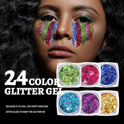 Teenitor 24 Colors Body & Hair Glitter Gel - Face, Body, Hair Glitter for Halloween Makeup